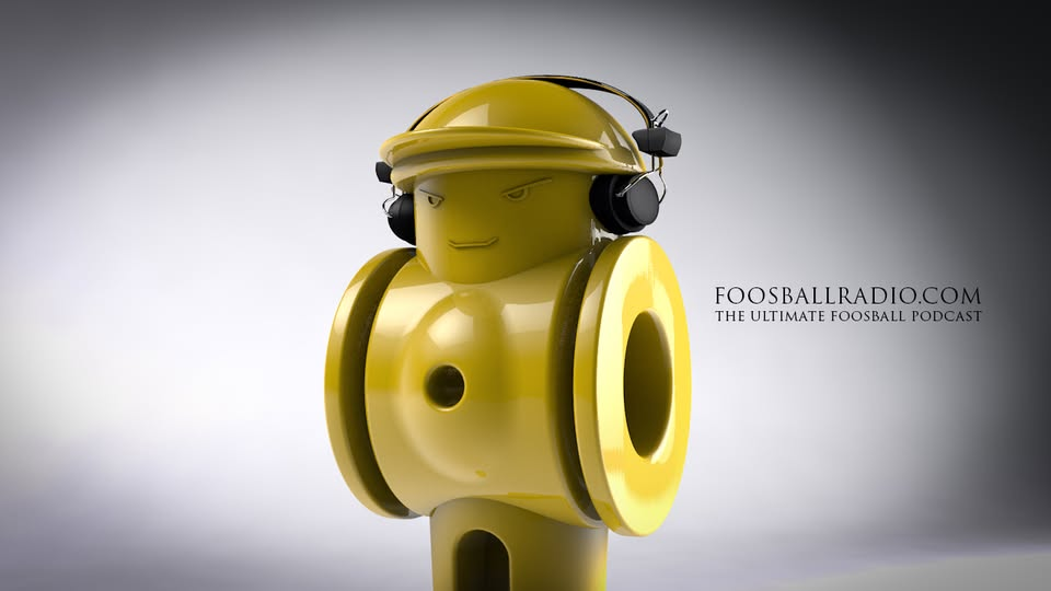 Foosball Radio: a yellow foosball player wearing headphones